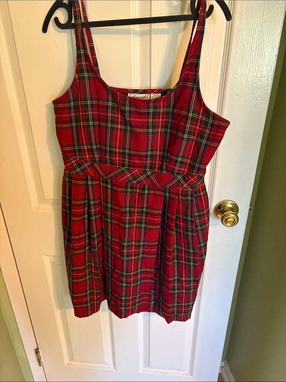 Vintage Avocado Red Plaid Sleeveless Pinafore Dress